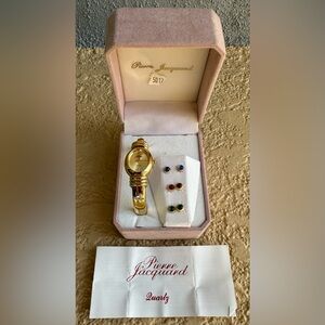 Pierre Jacquard Gold Tone Bangle Watch Set Interchangeable Earrings NOS Vintage